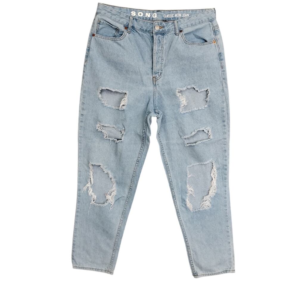 S.O.N.G Classic Mom Jean Light Blue Wash Destroyed Button Fly Size 13 Junior